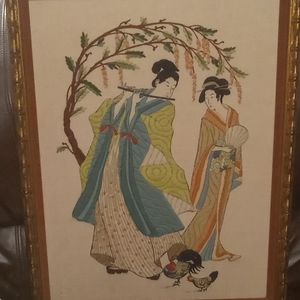 Crewel Geisha Asian Linen Vintage Art 1977 Pastel Wall Decor